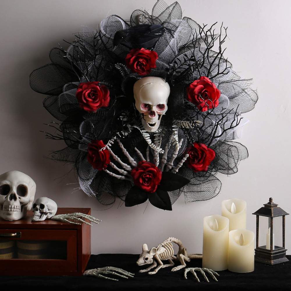 Red rose skull net garland door hanging