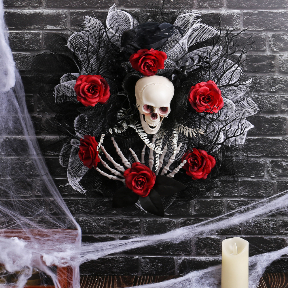Red rose skull net garland door hanging