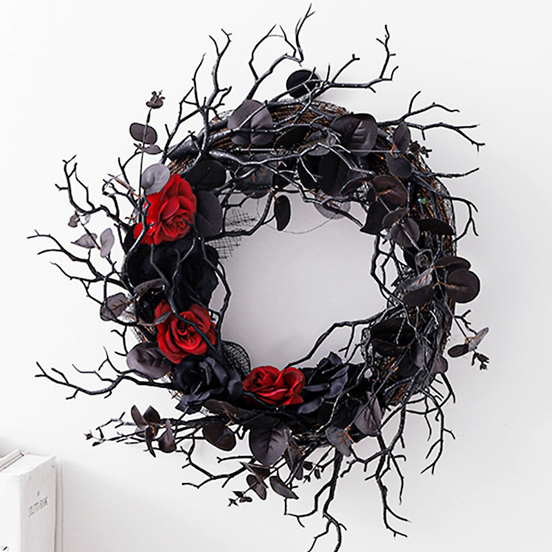 Halloween deadwood wreaths simulate flowers decorated with black wreaths hanging on doors