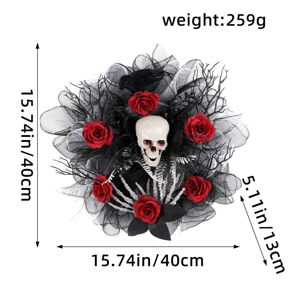Red rose skull net garland door hanging