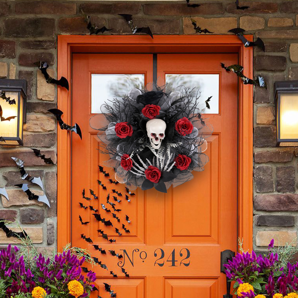 Red rose skull net garland door hanging