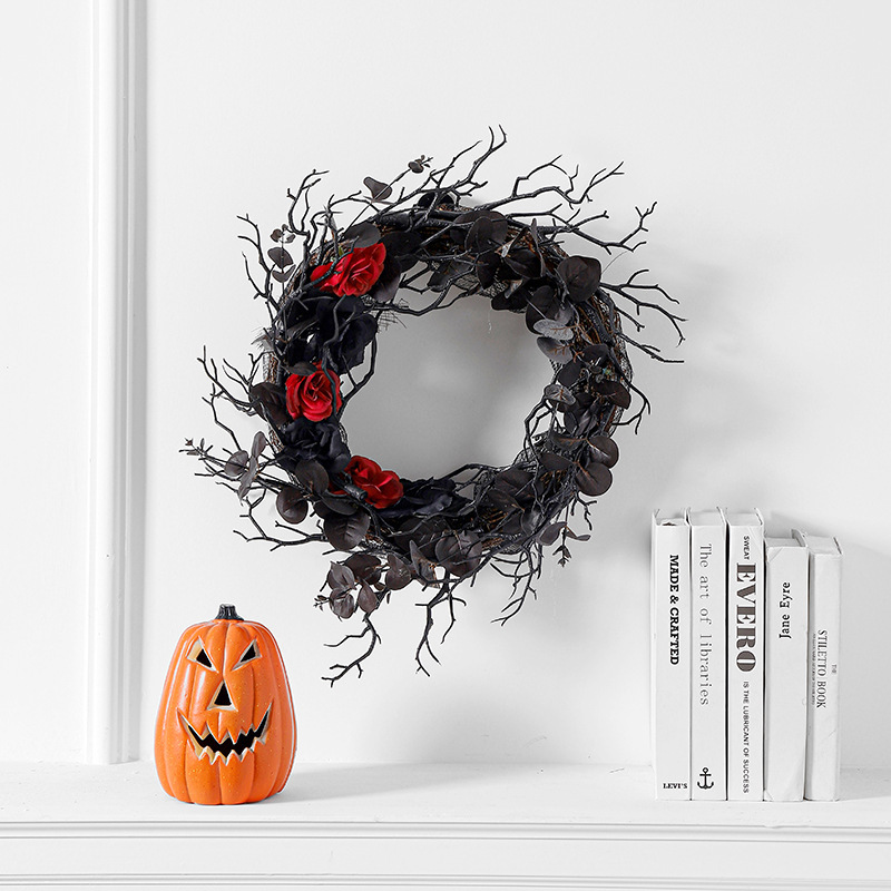 Halloween deadwood wreaths simulate flowers decorated with black wreaths hanging on doors
