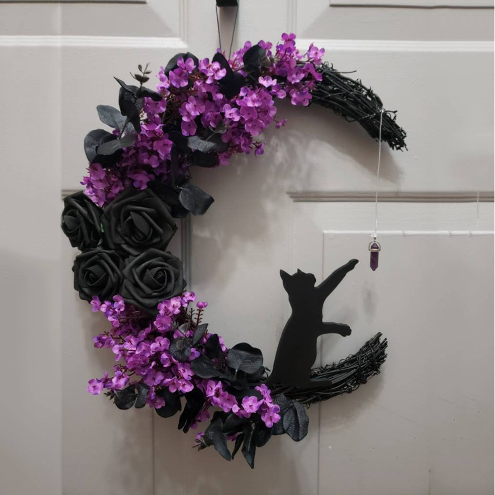 Purple Curved Moon Kitty Wreath Halloween Door Wreath