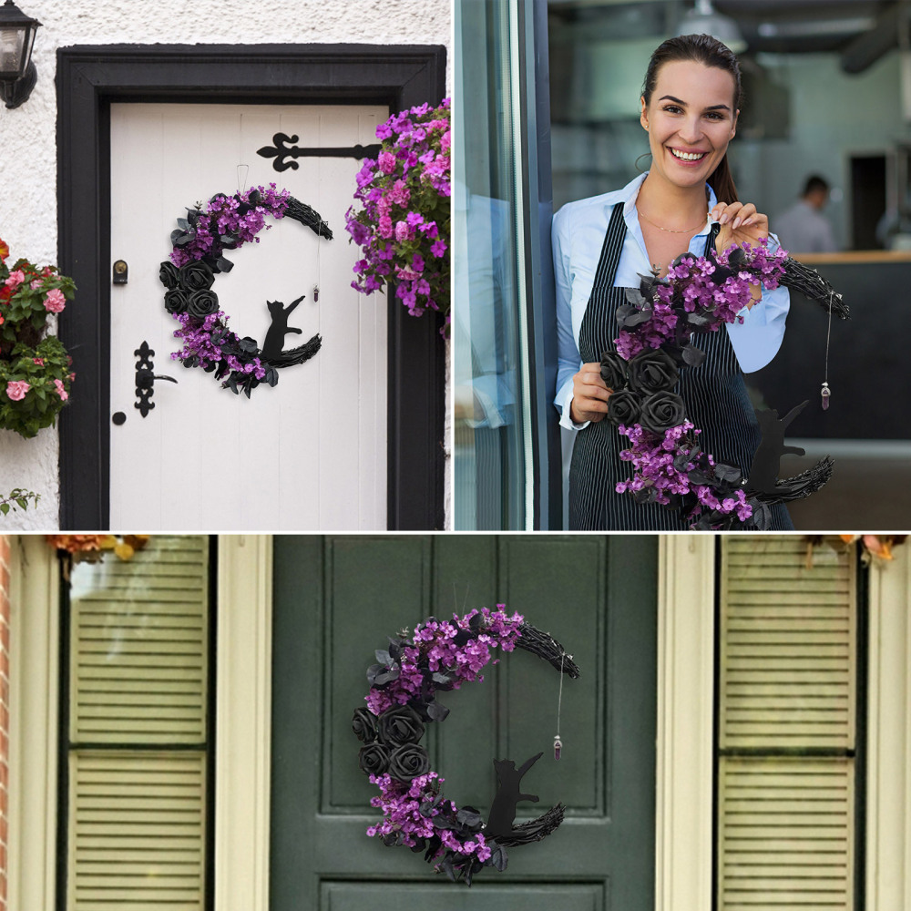Purple Curved Moon Kitty Wreath Halloween Door Wreath