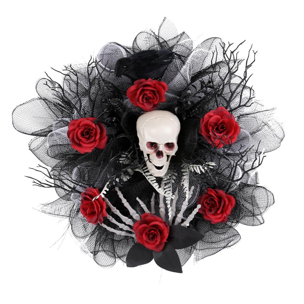 Red rose skull net garland door hanging