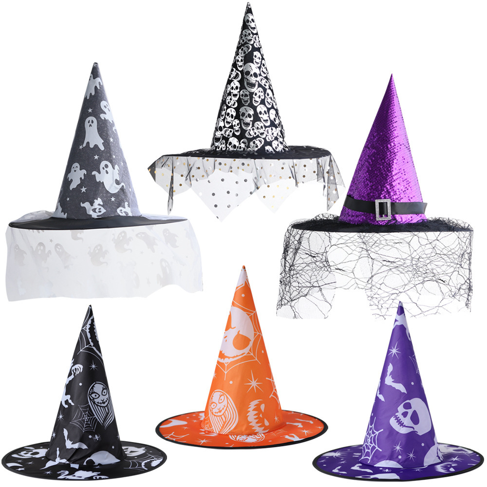Witch Hat for Women Halloween Large Ruched Witch Hat with Veil Feathers Spiders Cosplay Costumes for Halloween Party
