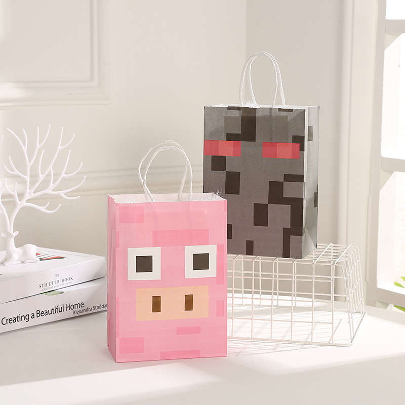 Pixel Paper Gift Bag Bulk Tetris Party Treat Bags Party Favor Bags with Stickers Kraft Paper
