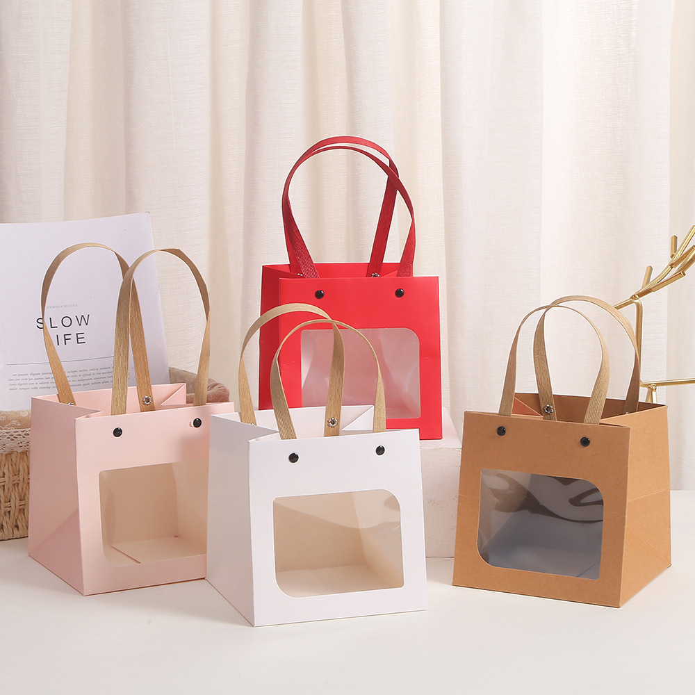 10cm*10cm*10cm Paper Gift Bags with Transparent Window Kraft Shopping Bags with Handles for Present
