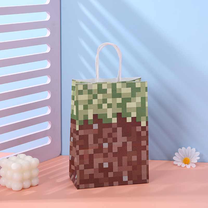 Pixel Paper Gift Bag Bulk Tetris Party Treat Bags Party Favor Bags with Stickers Kraft Paper