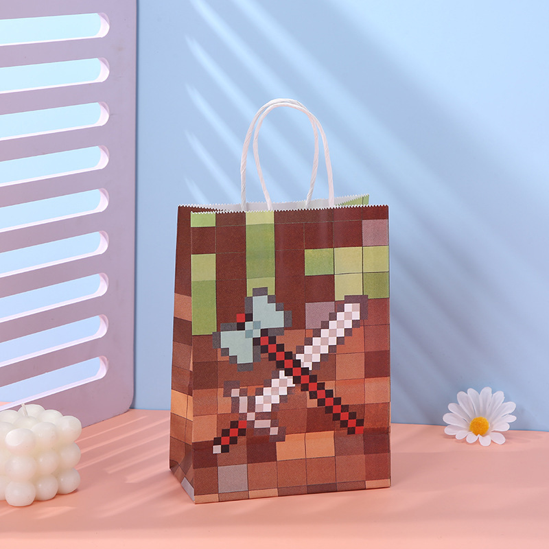 Pixel Paper Gift Bag Bulk Tetris Party Treat Bags Party Favor Bags with Stickers Kraft Paper