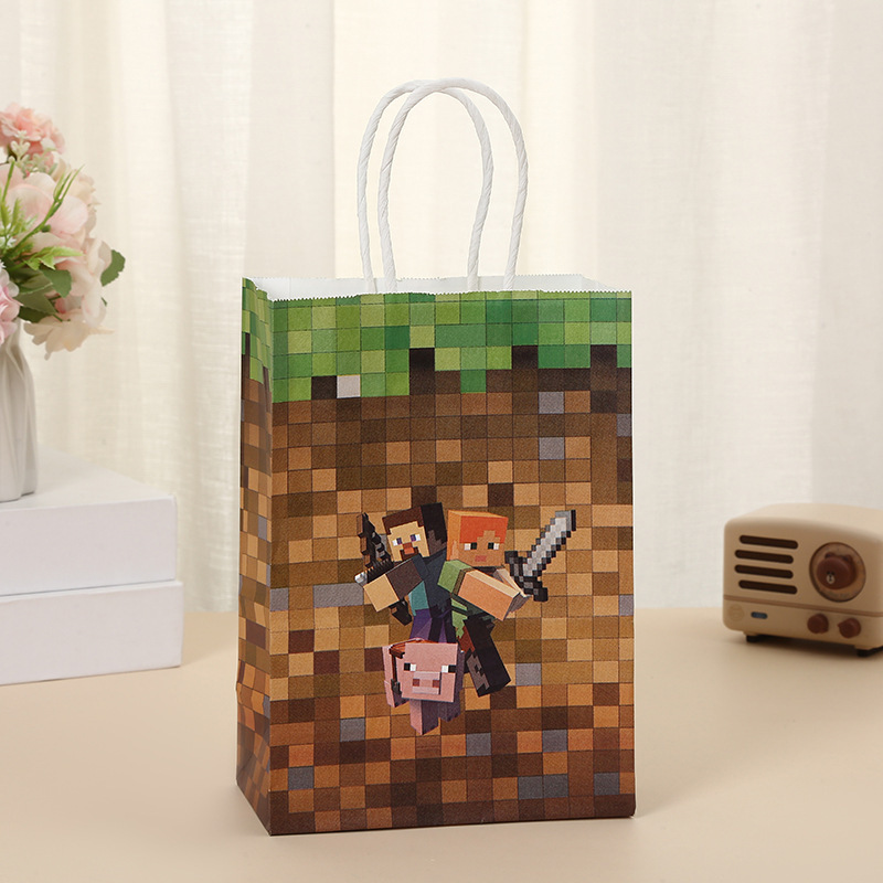 Pixel Paper Gift Bag Bulk Tetris Party Treat Bags Party Favor Bags with Stickers Kraft Paper