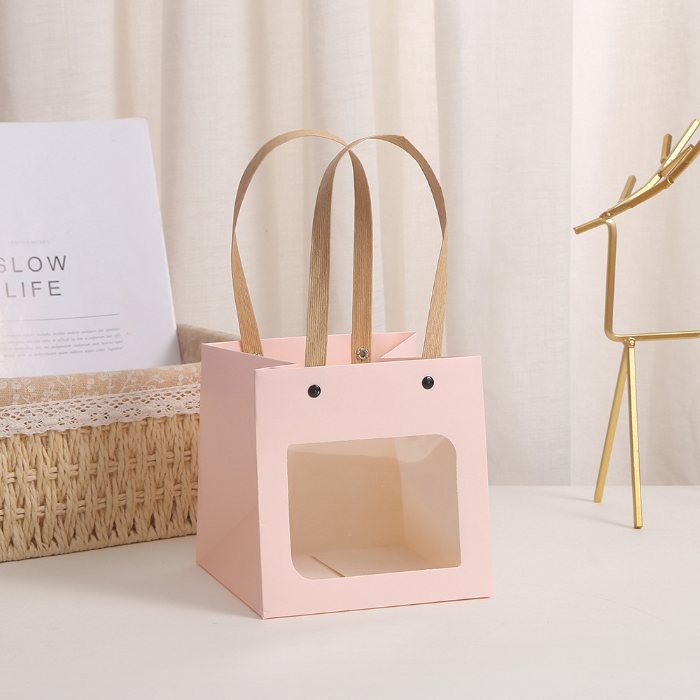 10cm*10cm*10cm Paper Gift Bags with Transparent Window Kraft Shopping Bags with Handles for Present