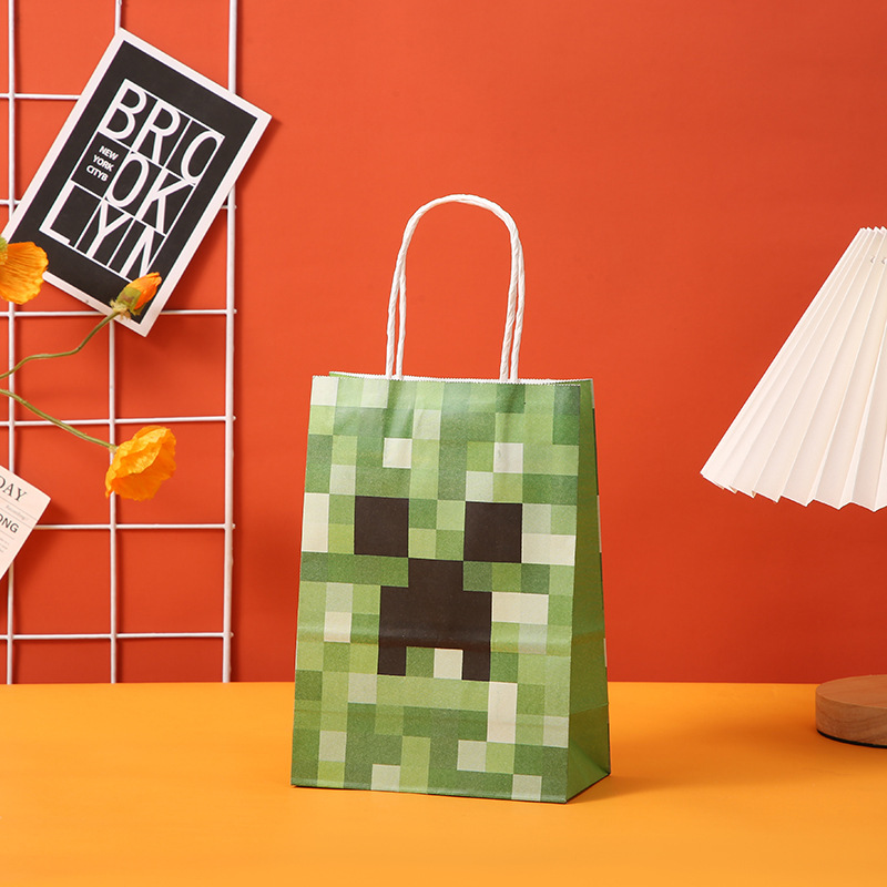 Pixel Paper Gift Bag Bulk Tetris Party Treat Bags Party Favor Bags with Stickers Kraft Paper