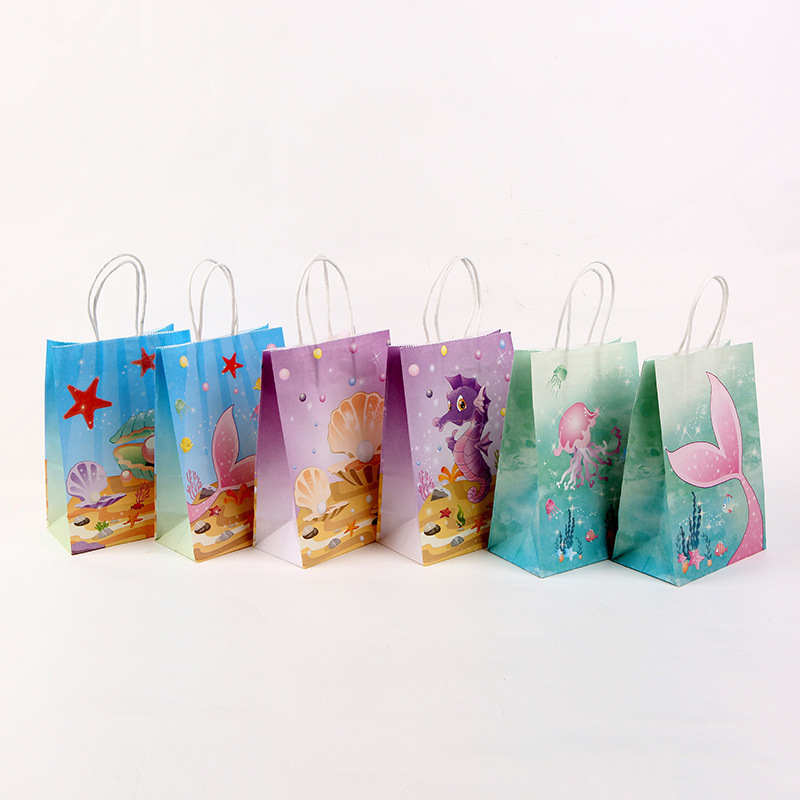 Mermaid Birthday Party Favor Bags Girls Kraft Paper Gift Bags Mermaid Candy Goodie Treat Bags with Handles