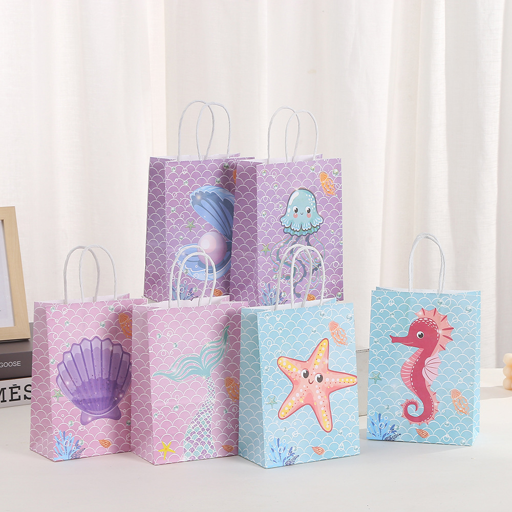 Coral Seashell Paper Gift Bags Ocean Theme Blue Party Favor Bags with Handles