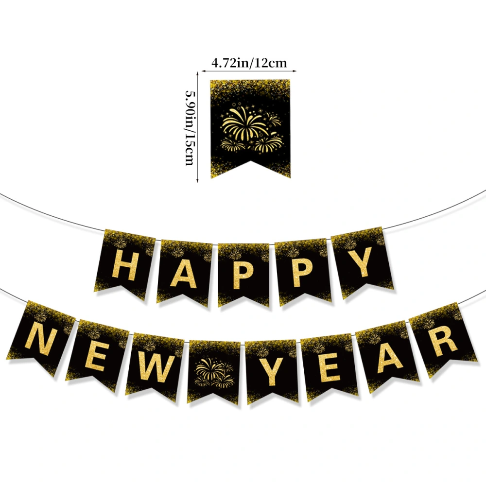 Black Happy New Year with Gold Black Paper Flag Swirl Streamers & Pom ...