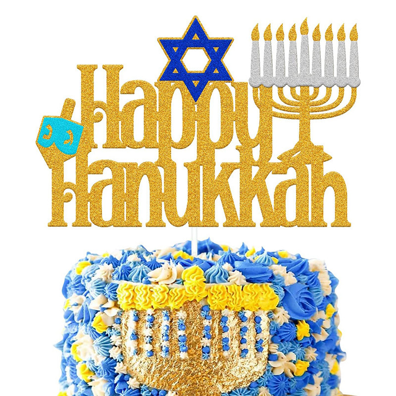 Happy Hanukkah Cake Topper Gold Glitter Candlestick Menorah Cake Topper Decorations