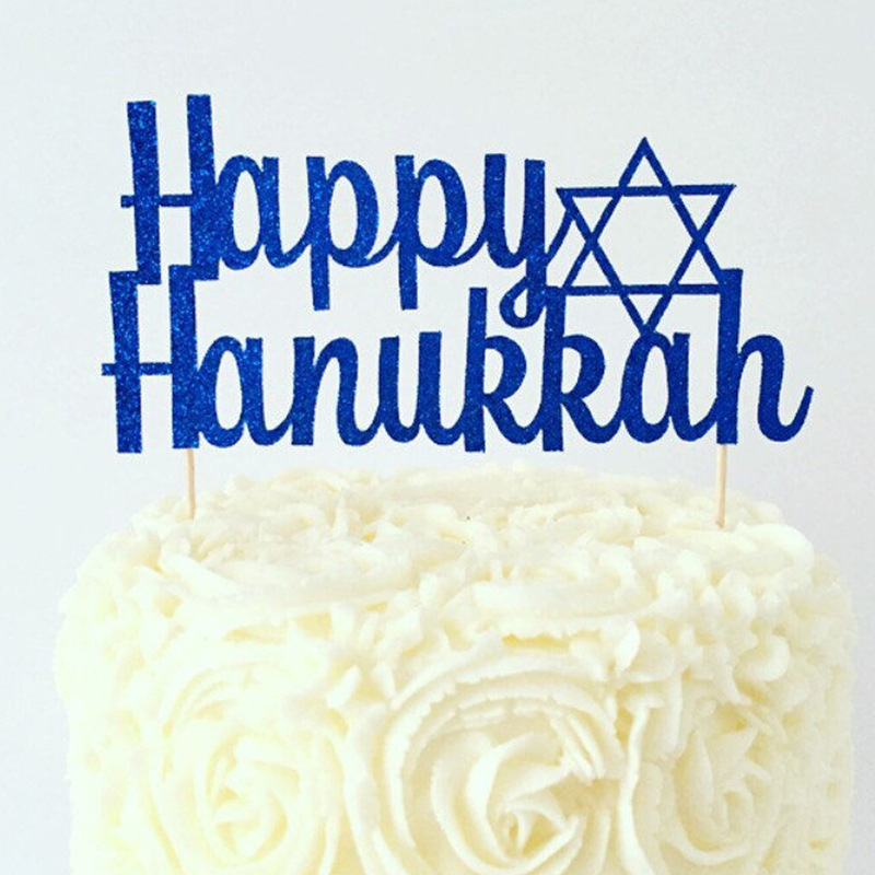 Happy Hanukkah Cake Topper Blue Glitter Hanukkah Cake Decoration for Chanukah Holiday Party Decoration Supplies