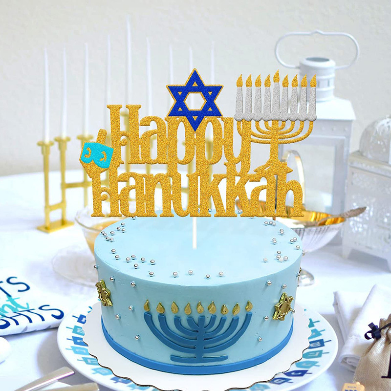 Happy Hanukkah Cake Topper Gold Glitter Candlestick Menorah Cake Topper Decorations