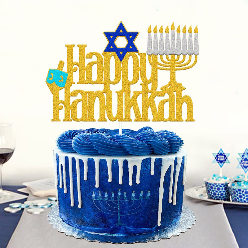 Happy Hanukkah Cake Topper Gold Glitter Candlestick Menorah Cake Topper Decorations