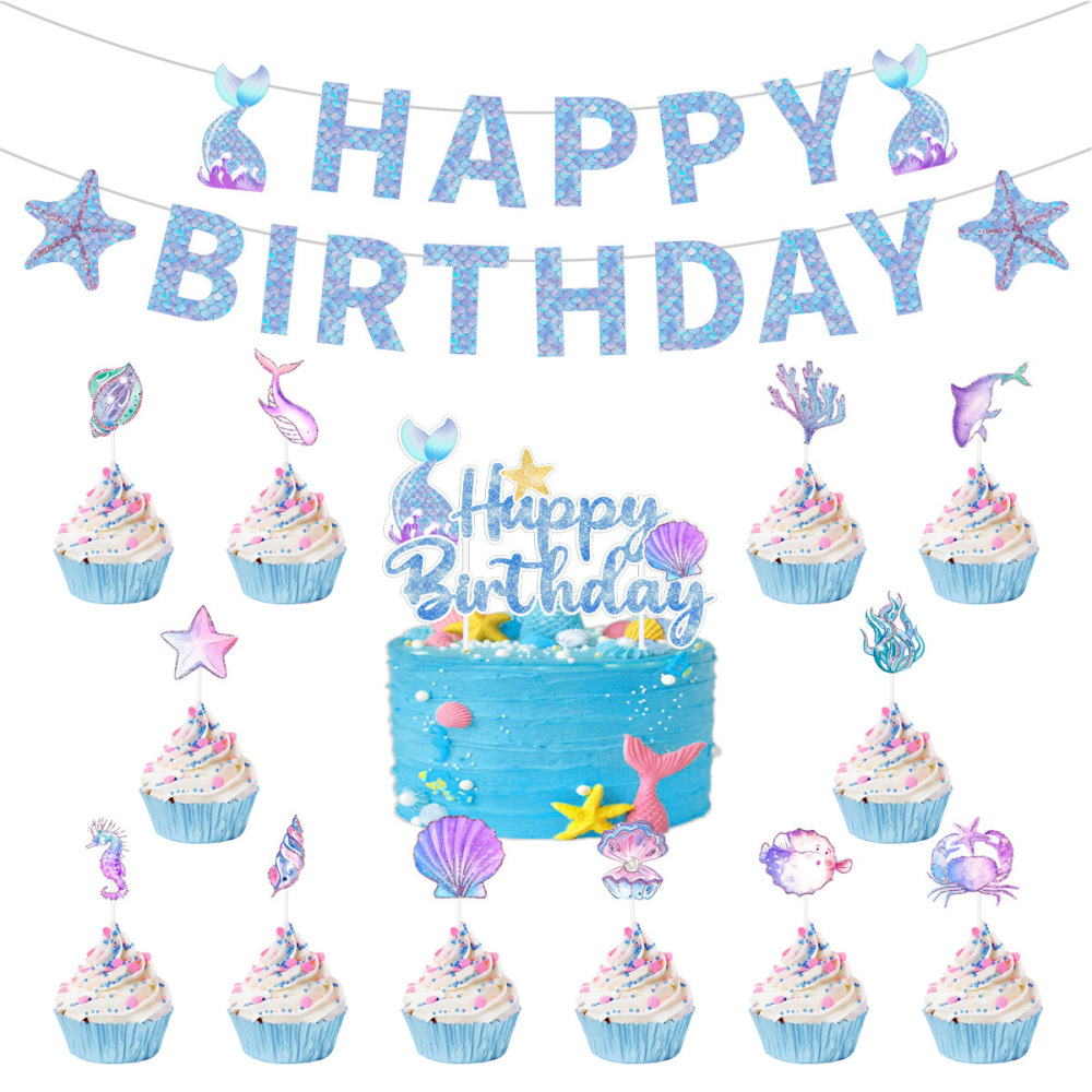 Mermaid Birthday Party Decorations Supplies Banner Garland Garland Cake Topper Mermaid Happy Birthday Decorations