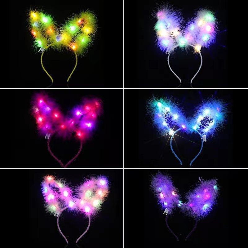 LED Bunny Ear Headband Light Up Feather Rabbit Ear Hair Hoop Glowing Headband Headdress