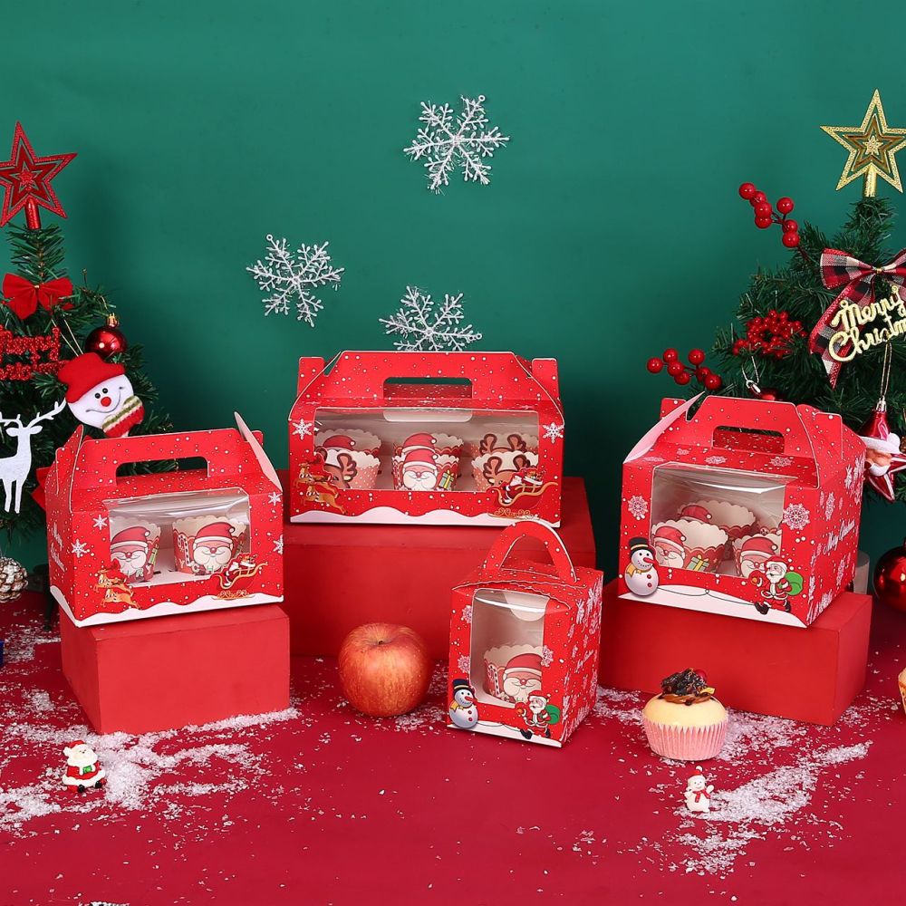 Christmas Cupcake Boxes Christmas Cookie Boxes with Window Insert Handle for Christmas Party