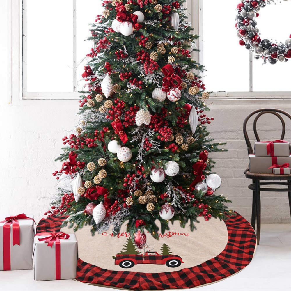 Christmas Tree Skirt Rustic Burlap Tree Skirt with Red Truck and Letter Printed Christmas Tree Mat