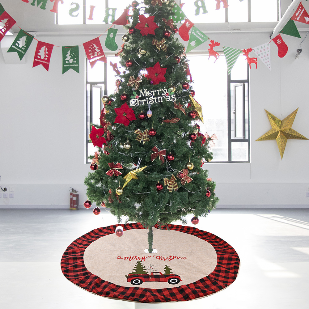 Christmas Tree Skirt Rustic Burlap Tree Skirt with Red Truck and Letter Printed Christmas Tree Mat