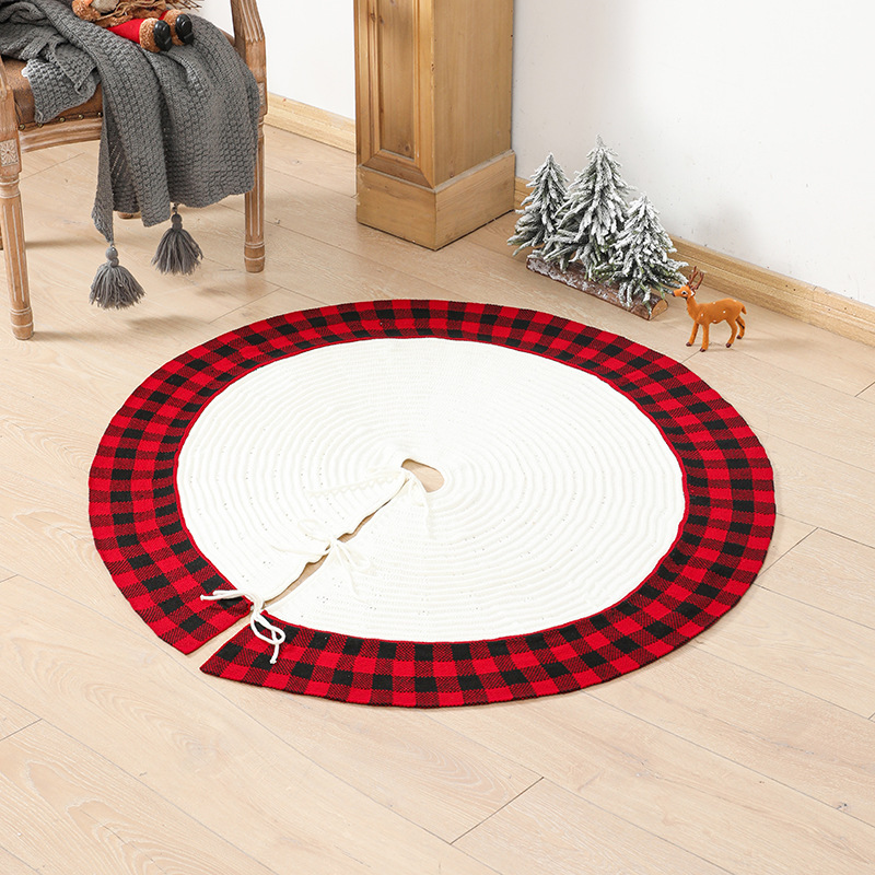 Christmas Tree Skirt Rustic Christmas Tree Mat with Snowflake Reindeer Red Knitted Xmas Tree Skirts