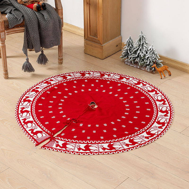Christmas Tree Skirt Rustic Christmas Tree Mat with Snowflake Reindeer Red Knitted Xmas Tree Skirts