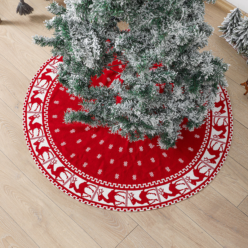 Christmas Tree Skirt Rustic Christmas Tree Mat with Snowflake Reindeer Red Knitted Xmas Tree Skirts