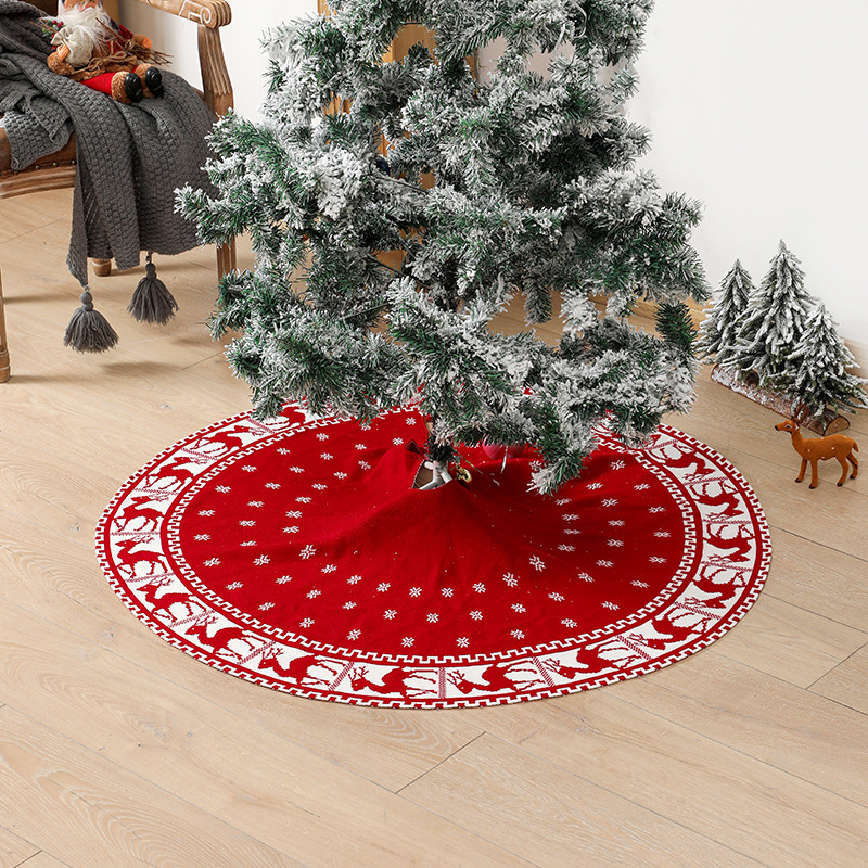 Christmas Tree Skirt Rustic Christmas Tree Mat with Snowflake Reindeer Red Knitted Xmas Tree Skirts