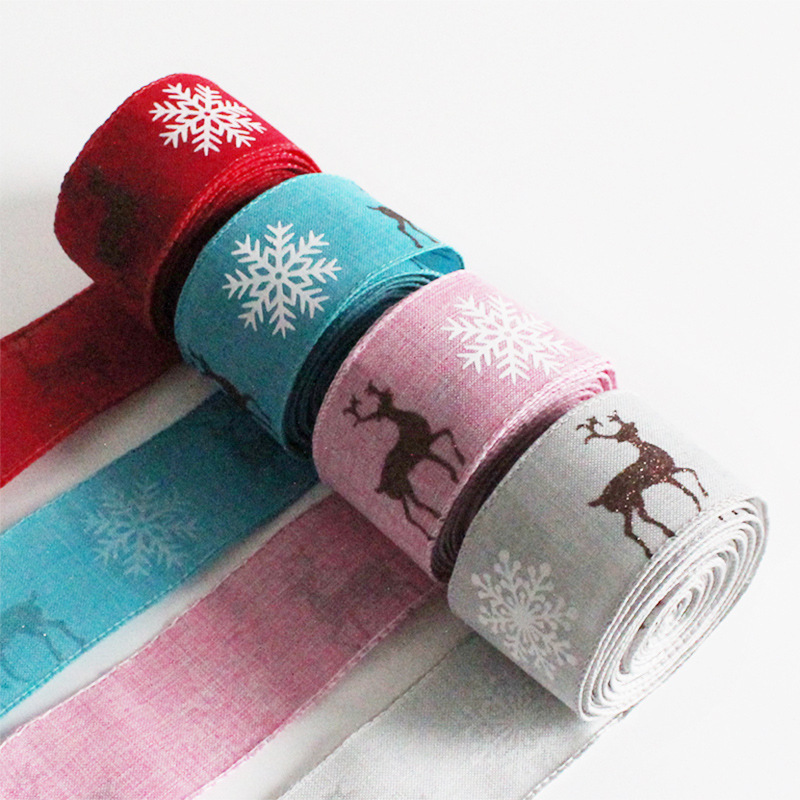 Christmas Satin Ribbon Elk Reindeer Fabric Ribbons for Christmas Decoration Supplies