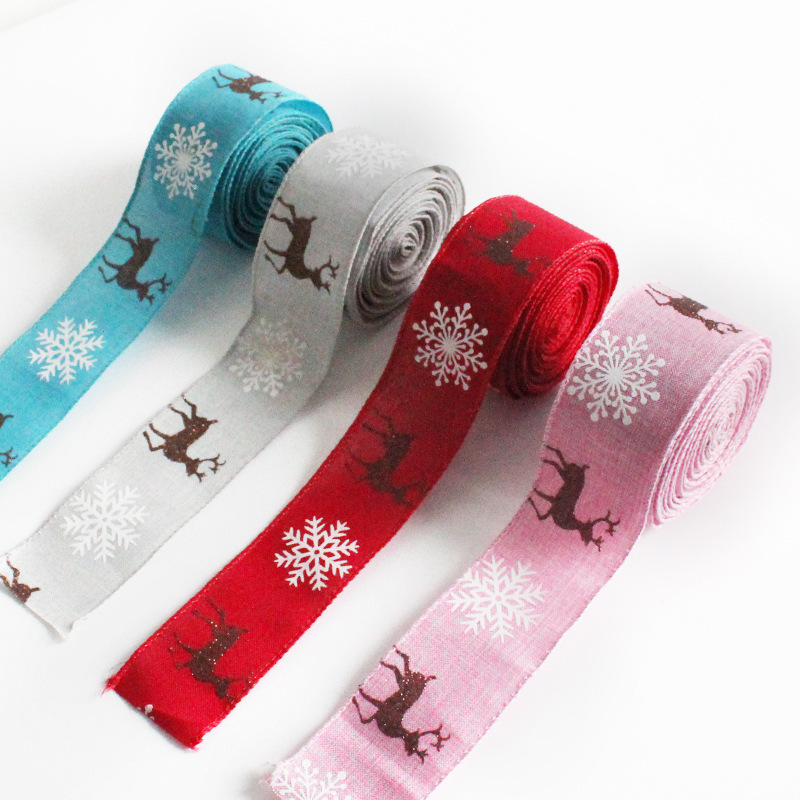Christmas Satin Ribbon Elk Reindeer Fabric Ribbons for Christmas Decoration Supplies