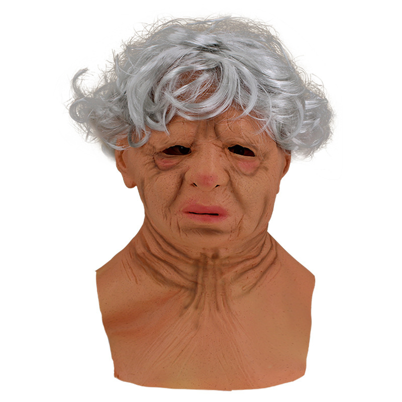 Gray-haired granny woman wearing a mask