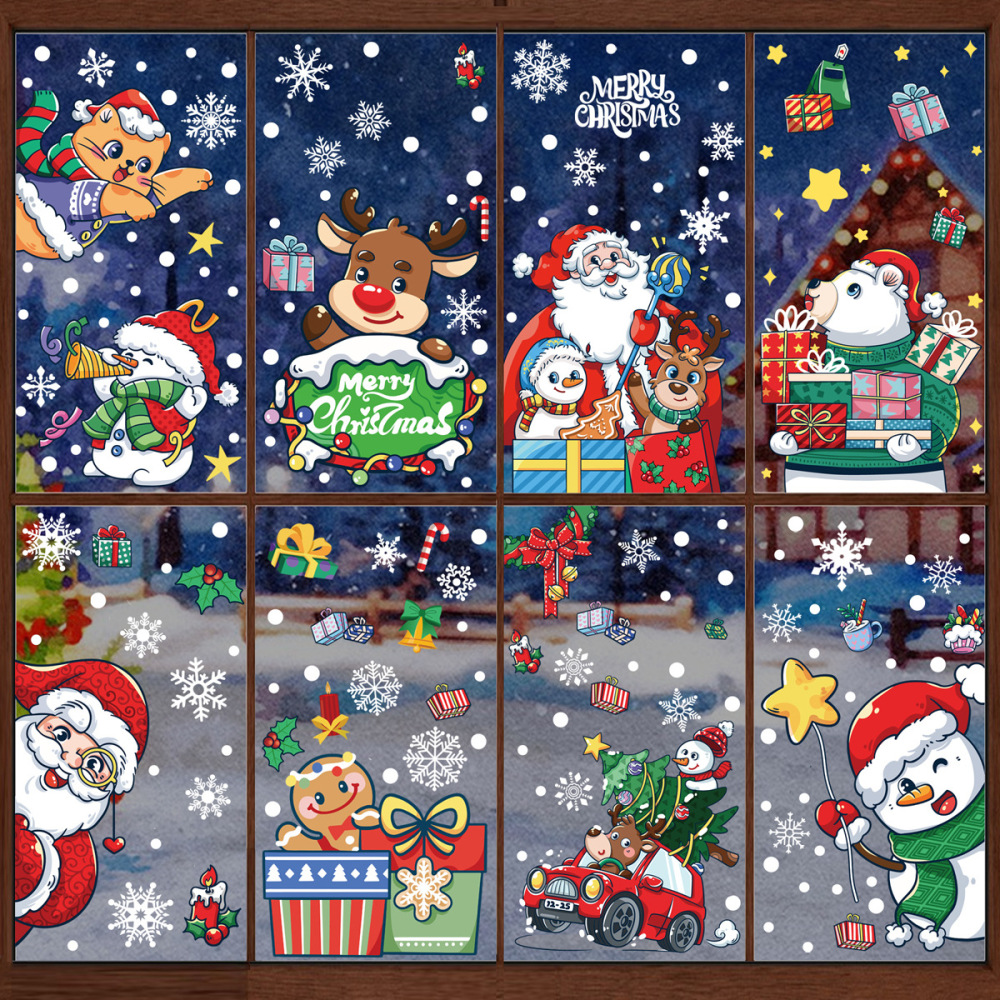 Christmas Window Clings Window Stickers Snowflake Xmas Santa Claus Elk Bells Christmas Tree Decals for Winter Christmas Home Party Decorations