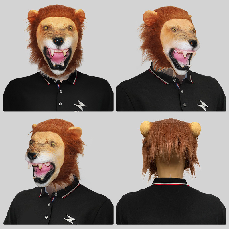 The scary lion animal wears a mask