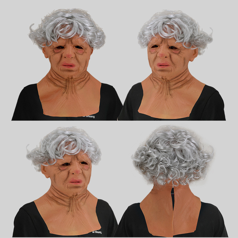 Gray-haired granny woman wearing a mask