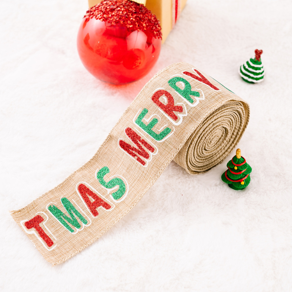 Linen Webbing Wired Ribbon Glitter Diamond Wire Edge Ribbon Champagne Gold Christmas Ribbon