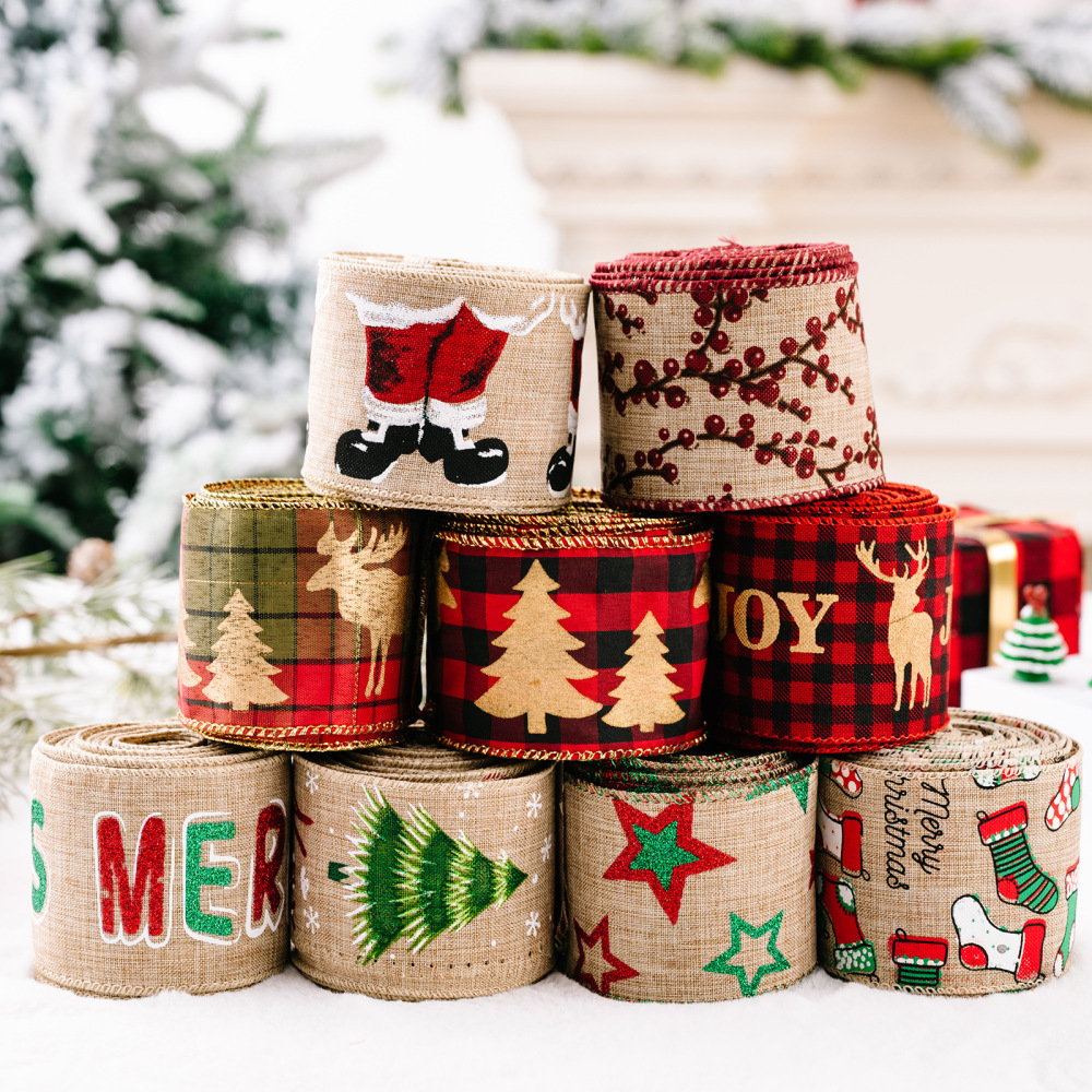 Linen Webbing Wired Ribbon Glitter Diamond Wire Edge Ribbon Champagne Gold Christmas Ribbon