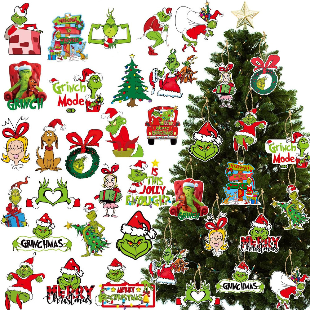 Christmas Grinches Tree Decorations 8PCS Acrylic Cute Funny Green Doll Christmas Pendants Hanging  Flat Christmas Set Tree Ornaments