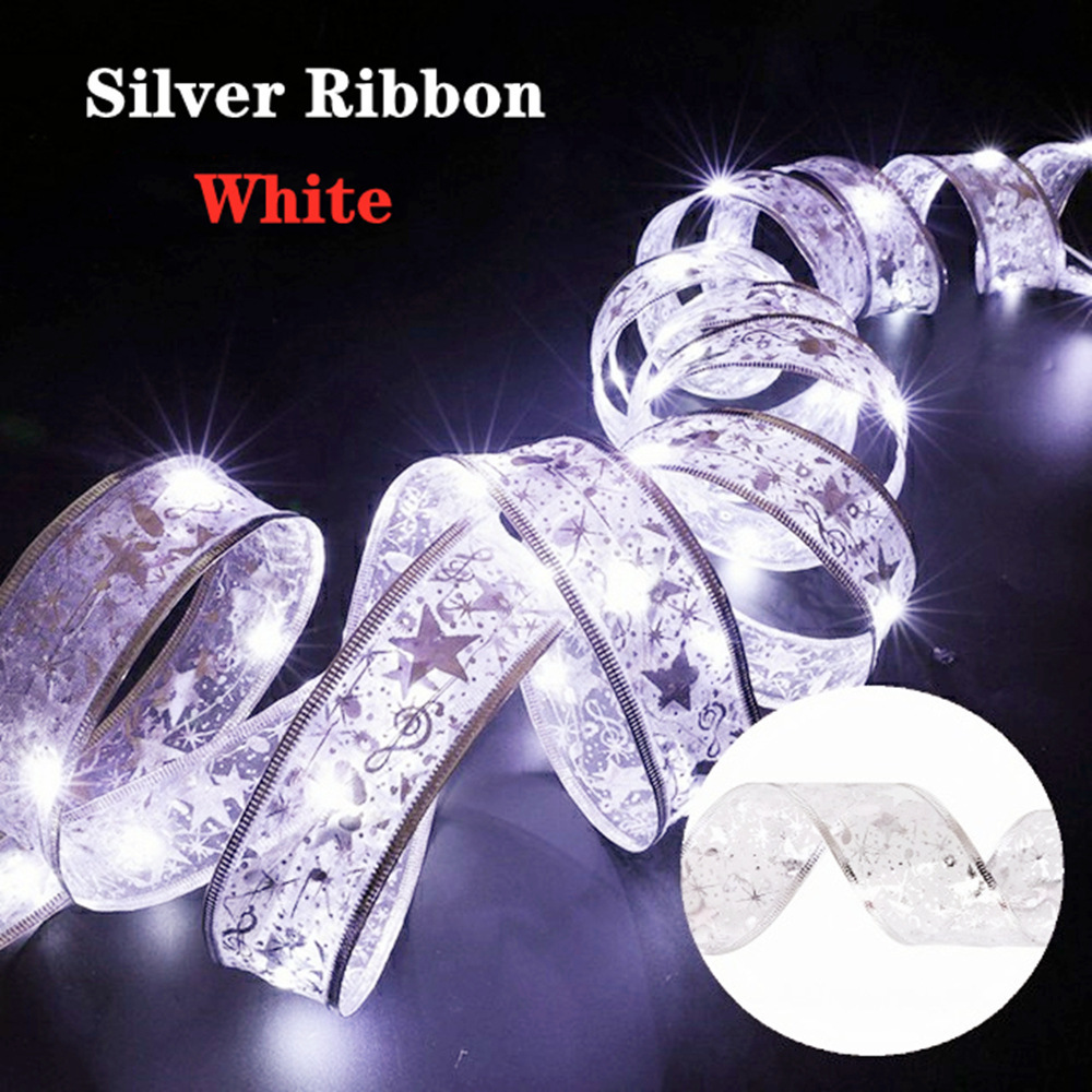 1M Christmas Ribbon Lights Christmas Lights Copper Wire Ribbon Bows Fairy Strings Lights Christmas Tree Garden Bedroom Party Decorations