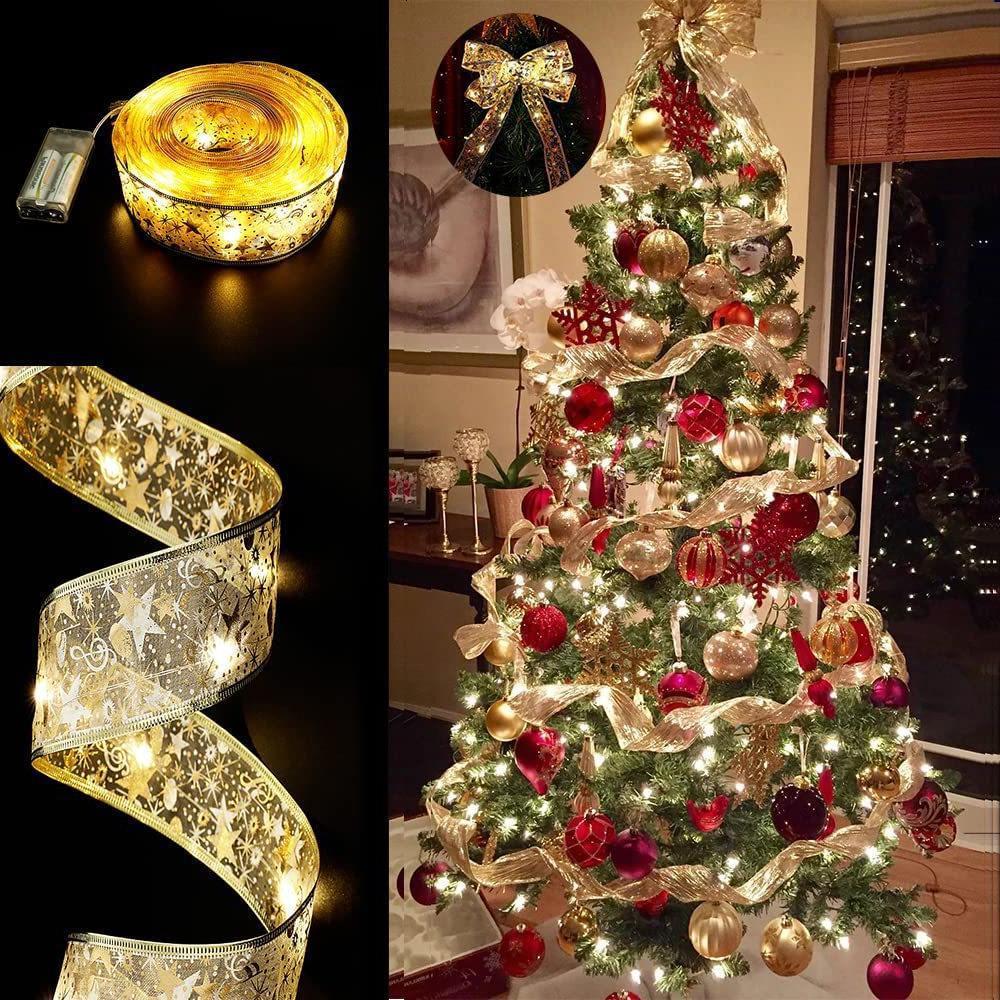 1M Christmas Ribbon Lights Christmas Lights Copper Wire Ribbon Bows Fairy Strings Lights Christmas Tree Garden Bedroom Party Decorations