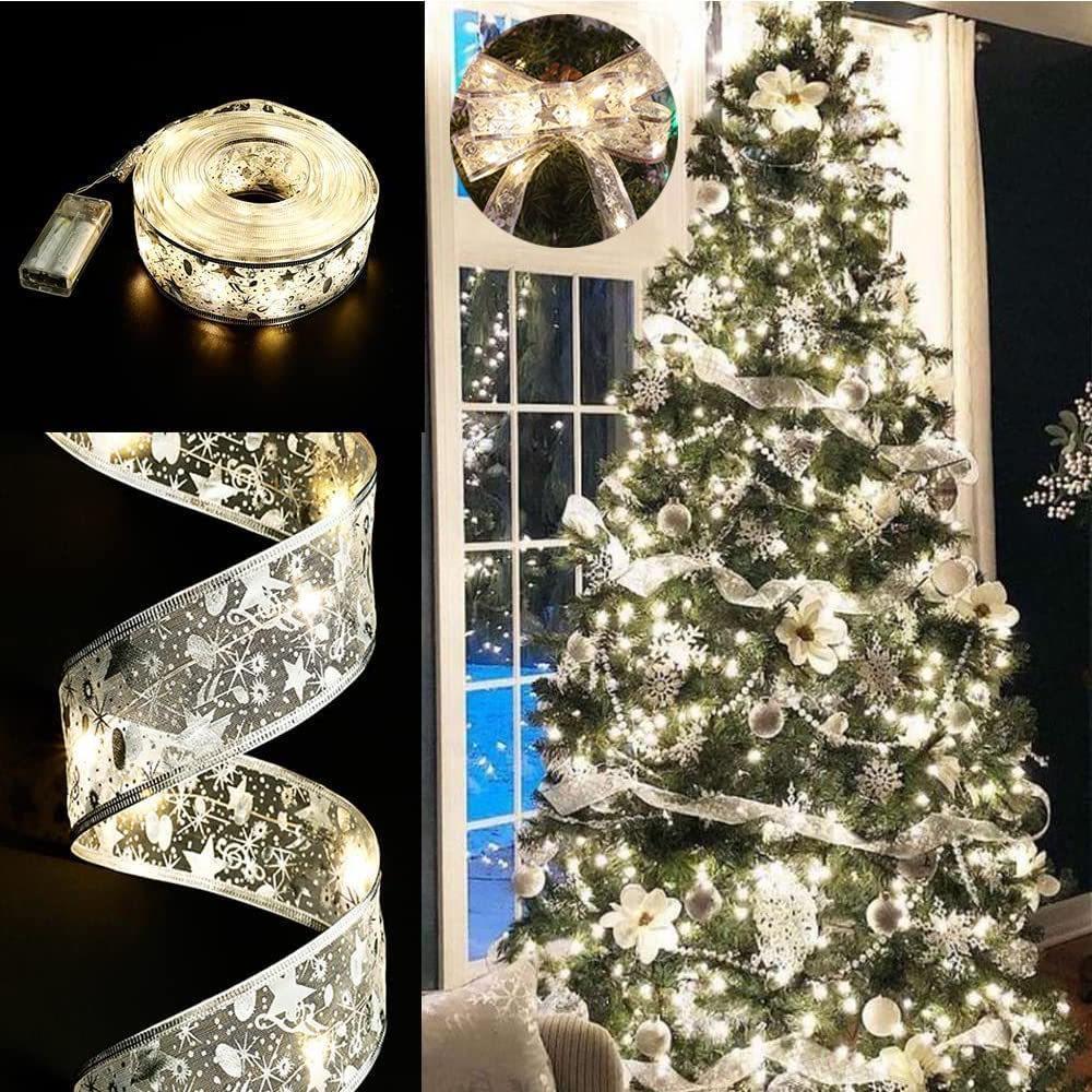 1M Christmas Ribbon Lights Christmas Lights Copper Wire Ribbon Bows Fairy Strings Lights Christmas Tree Garden Bedroom Party Decorations