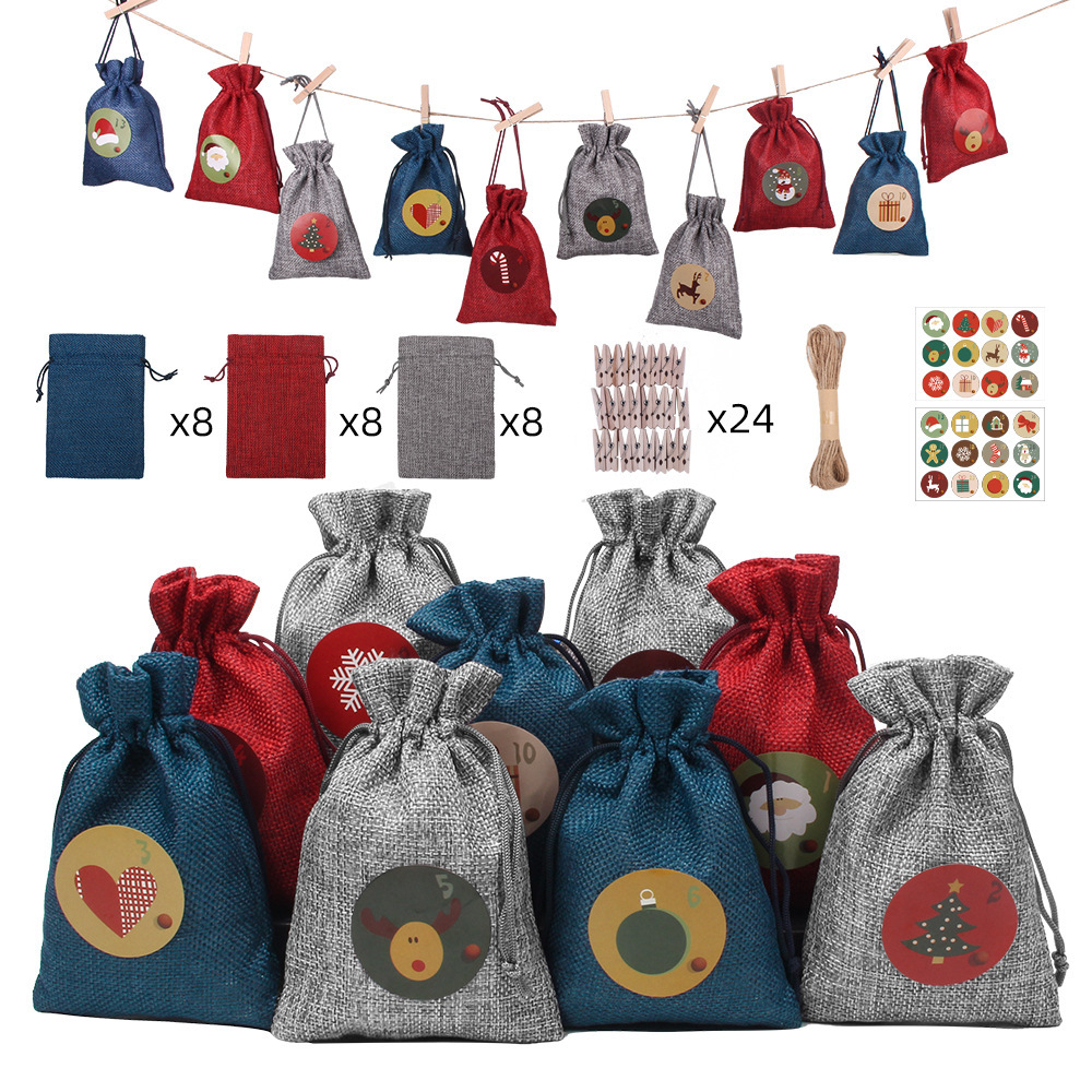 Christmas Advent Calendar Decorations Burlap Bag Candy One Pack 24 Pieces Gift