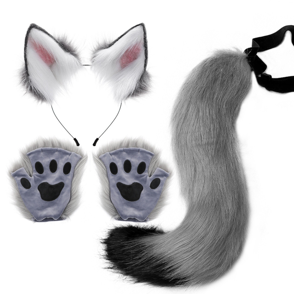 Halloween Costume Accessory Set Plush Fox Ear Headband Anima l Claw Gloves Tail for Cosplay Parties