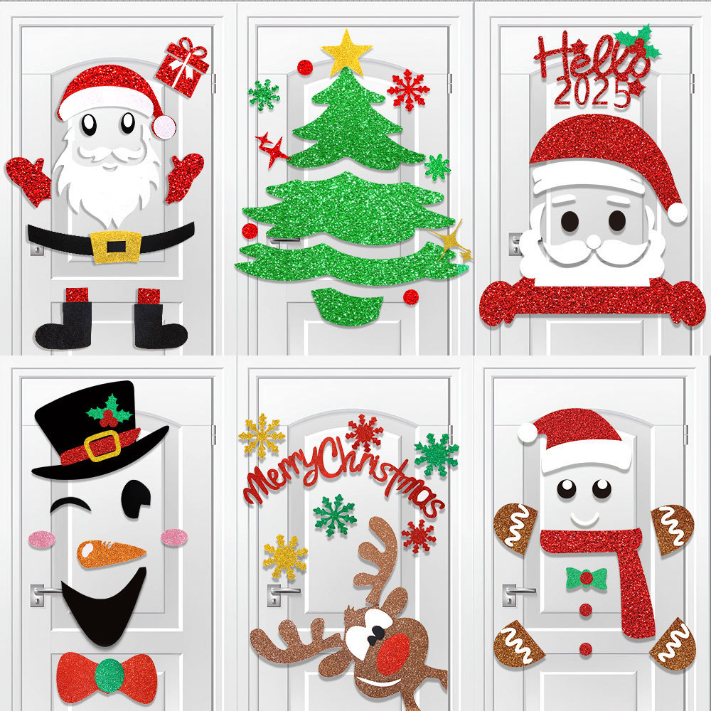 New Christmas Door Stickers Elk Christmas Tree Snowman Cartoon Felt Window Stickers Christmas Home Decoration