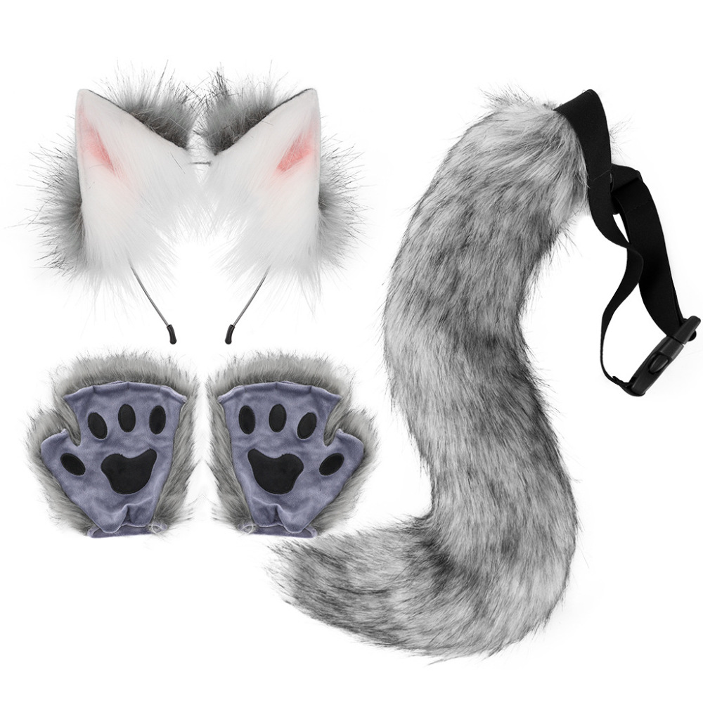 Halloween Costume Accessory Set Plush Fox Ear Headband Anima l Claw Gloves Tail for Cosplay Parties