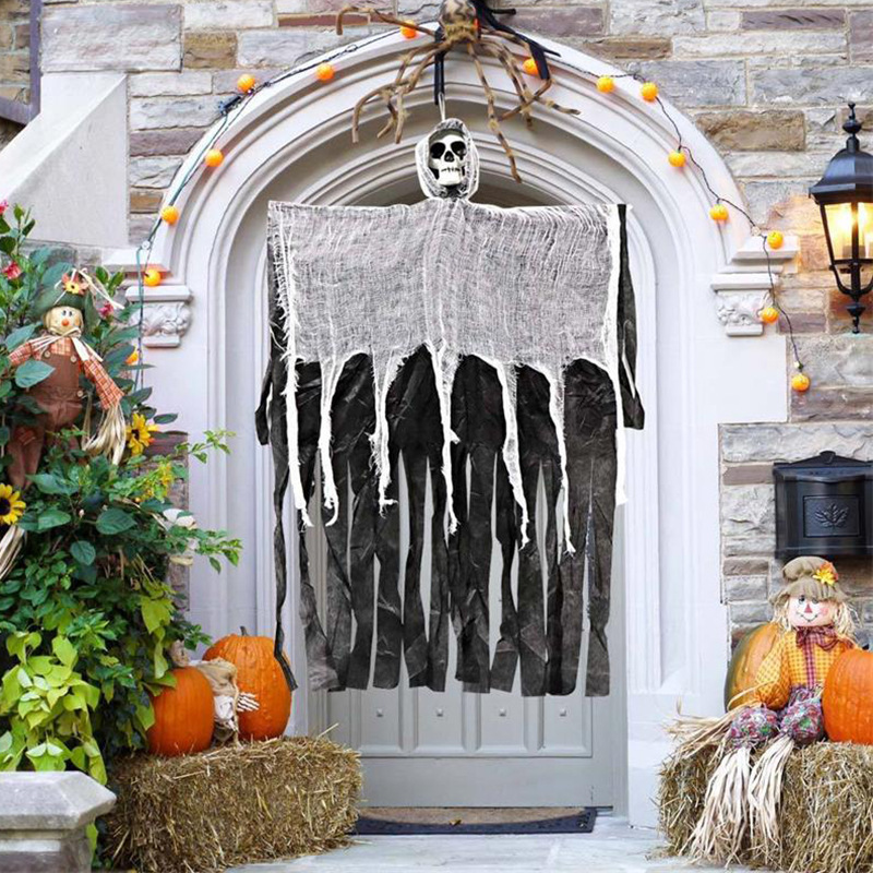 Hanging Ghost Decorations Scary Flying Gauze Ghost Hanging with Skeleton Mask Halloween Door Decor